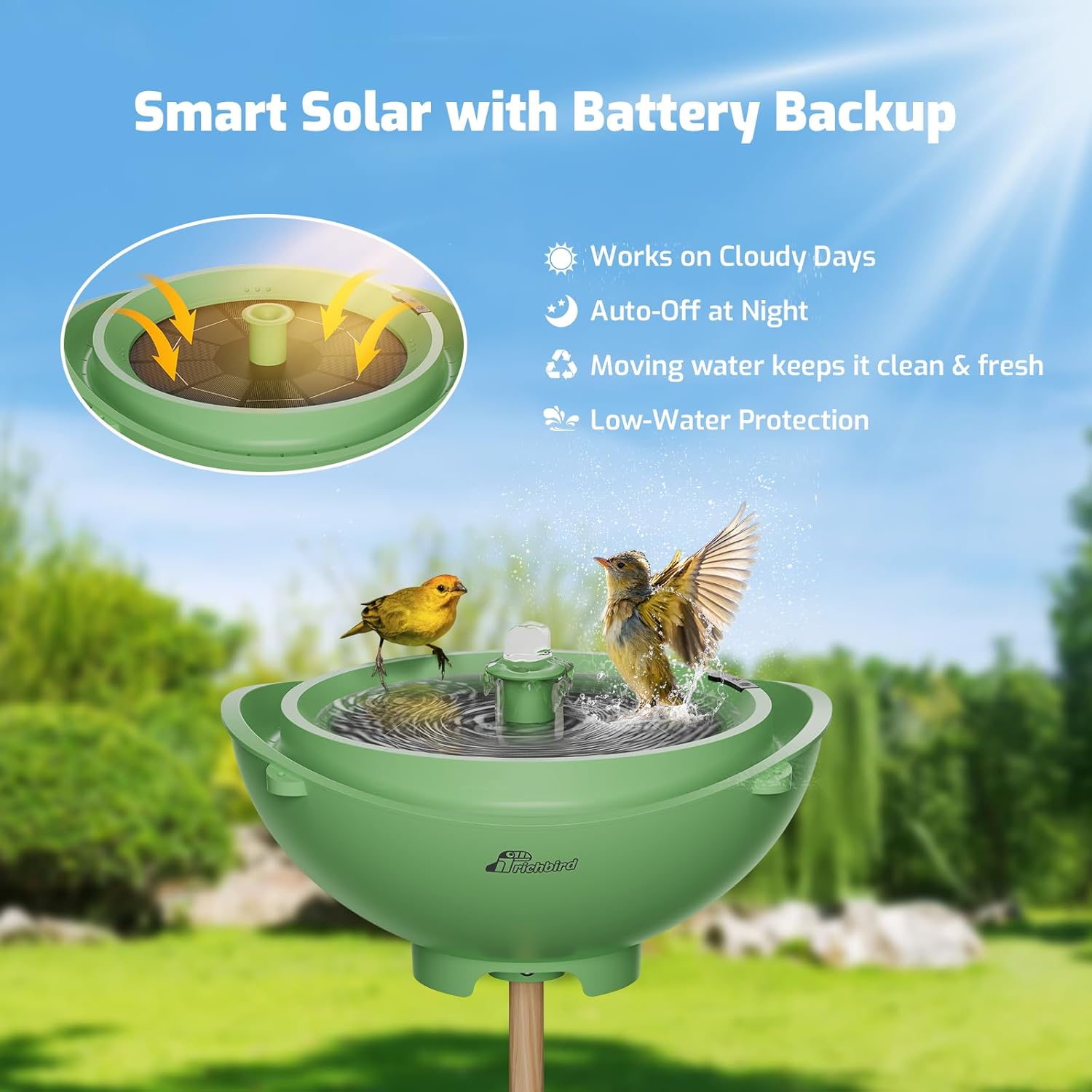 Solar Bird Bath Fountain with Battery, 3-in-1 Hanging & Freestanding Birdbath with Low-Water Protection & 3 Nozzles for Garden, Patio Decor (Forest Green)
