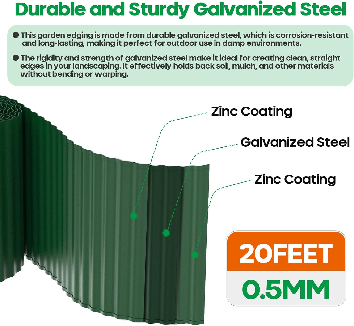 Corrugated Metal Garden Edging, Sturdy Tall Landscape Edging Borders, Perfect DIY for Flower Beds, Lawn and Pathway, Tree Surrounds, Paver Edges (Green, 8"×20FT)
