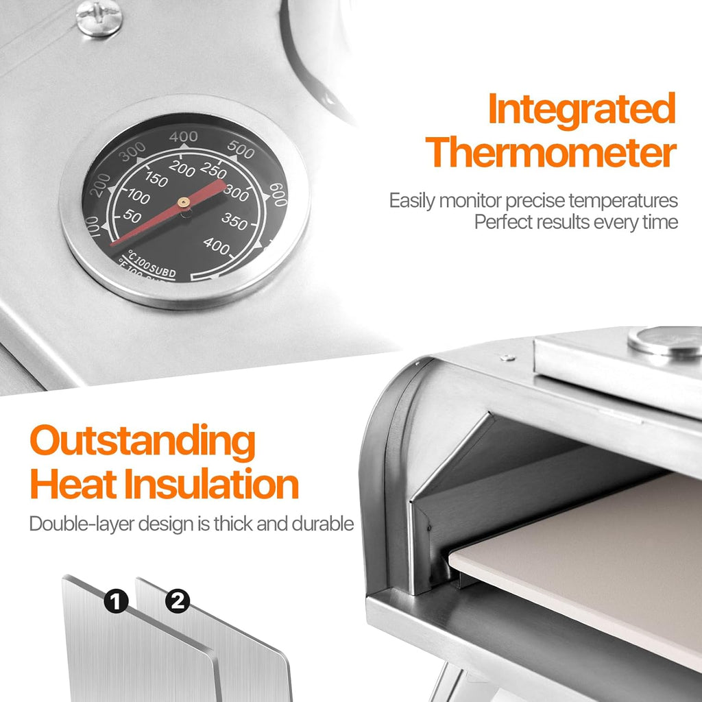 Pizza Oven 13 Inch Outdoor Wood Fired Portable Stainless Steel Pizza Oven with Pizza Stone for Family Outside Cooking Camping Backyard BBQ Pizza Maker Garden Kitchen(Silver 13IN)