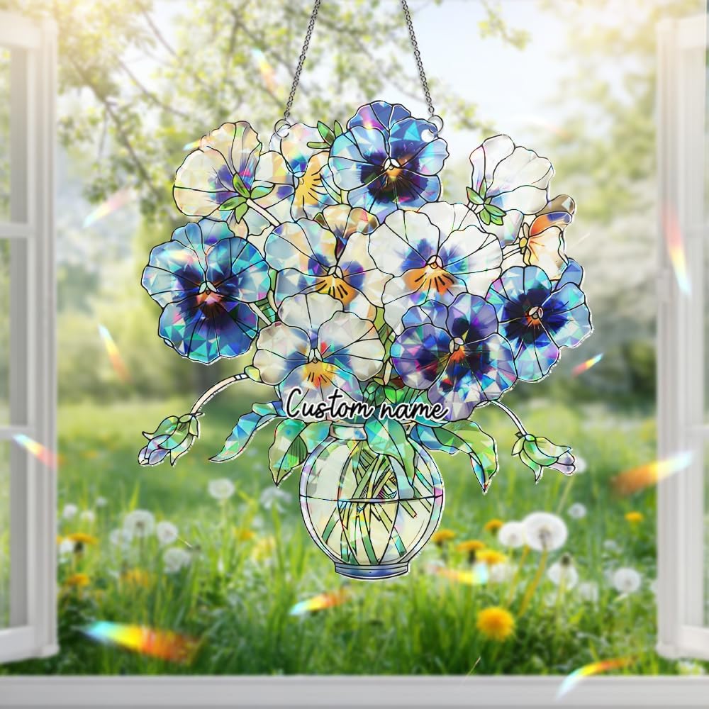 Acrylic Pansy Vase Suncatcher – Window Hanging Flower Ornament, Sun Catchers for Windows, Handmade Floral Home and Garden Decor Gift, Gift for Plant Lovers