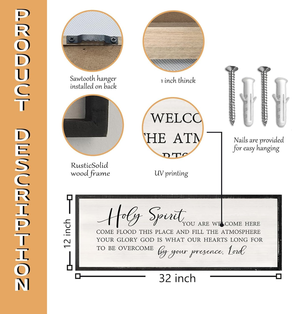 Holy Spirit You are Welcome Here Wall Decor Art 32x12 Inch Large Christian Song Bible Verse Plaque Wood Framed Sign Living Room Scripture Quote Religious For Office Wall Hanging (Black)