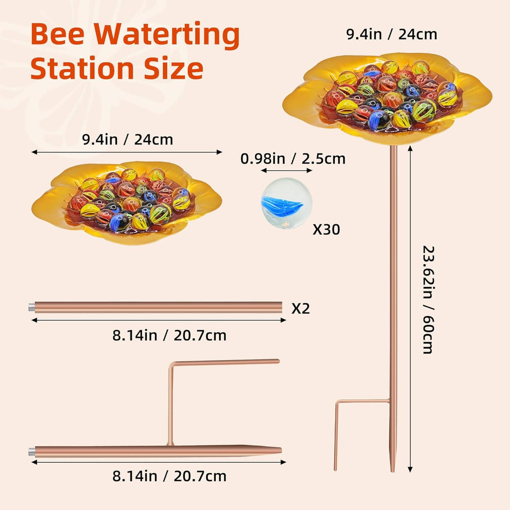Bee Watering Station-Golden Butterfly Puddler Bee Bath & Feeder with Metal Stakes - 30 Glass Marbles, Vivid Flower Design, Garden Yard Decor (Golden-2PACK)