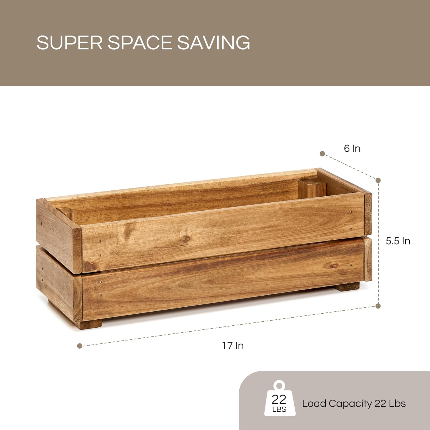 Wooden Planter Box, Storage Box 17”L x6”W x5.5”H with Crate Style, Acacia Wood Flower Container, Rustic Rectangle Planter for Planting, Decor and Storage - 3 Colors (Golden Teak)