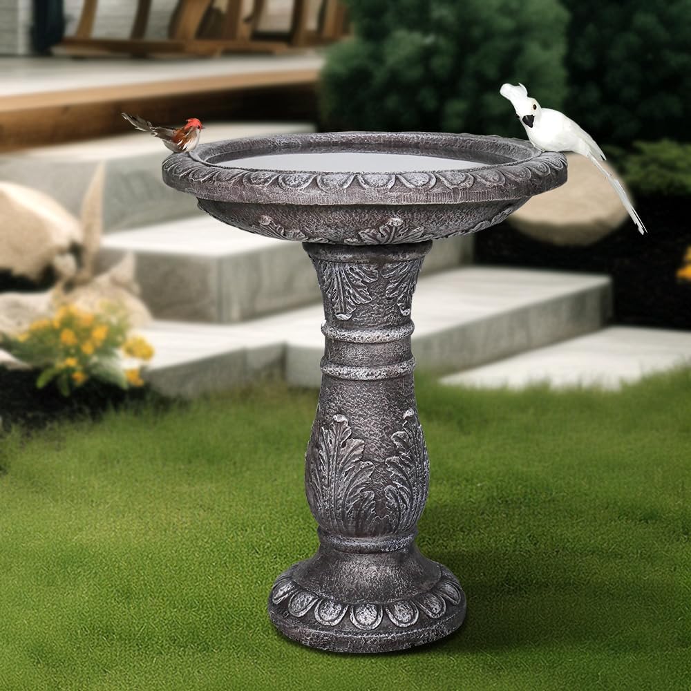 watnature 24.4" H Cement Bird Bath for Garden- Fibre Reinforced Concrete Bird Baths for Outdoors, Large Size Vintage Carved Pedestal Birdbath for Patio, Yard, Lawn -20”Dia. X 24.4”H Bird Fountain