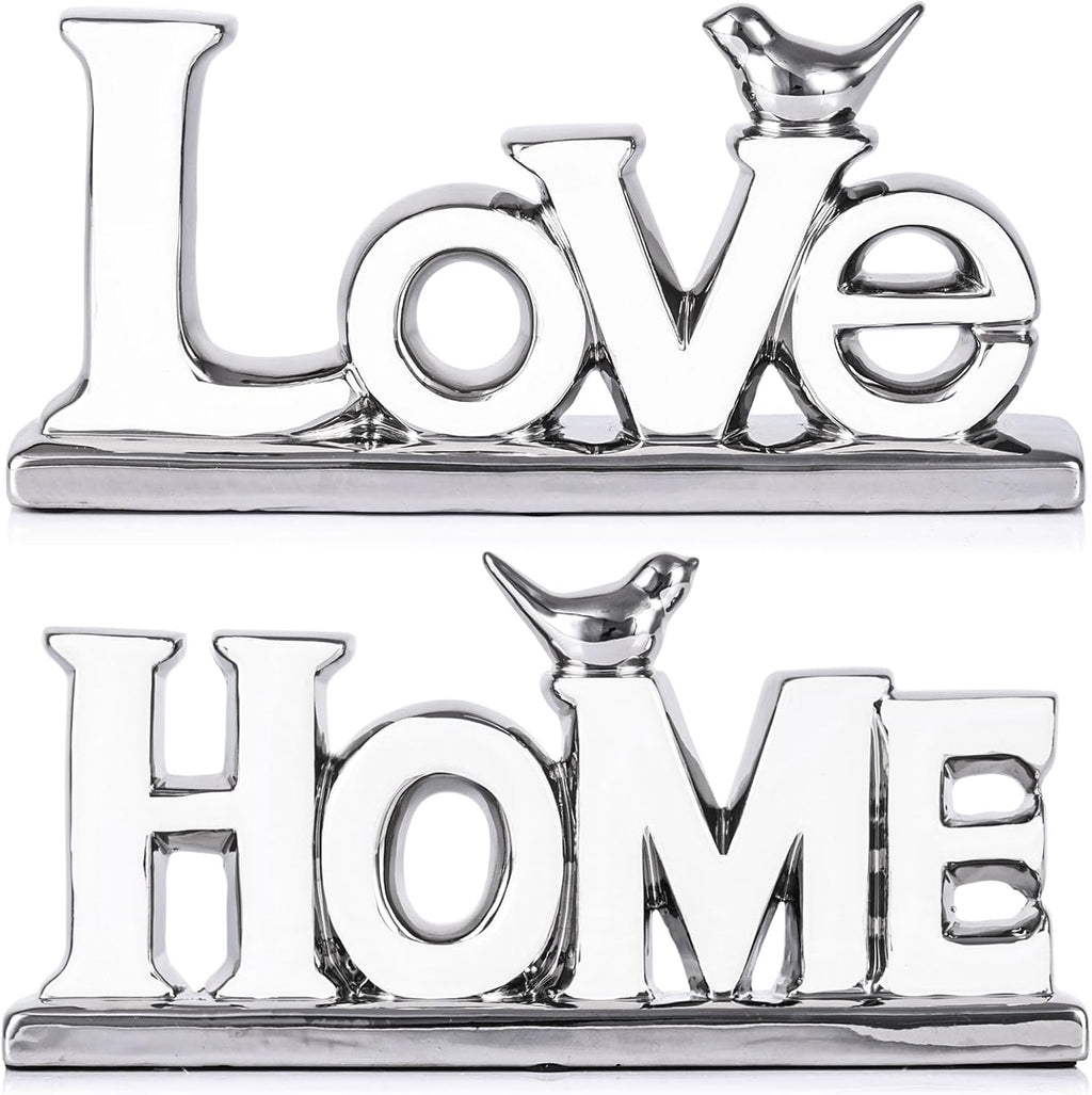 Love Sign Decoration,White and Silver Love Signs for Home Decor Statue,Bird Sculpture Personalized Love Decor,Chrome Style Figurine Decorative Ornaments for Living Room,Bedroom (2 Pcs, White+Silver)