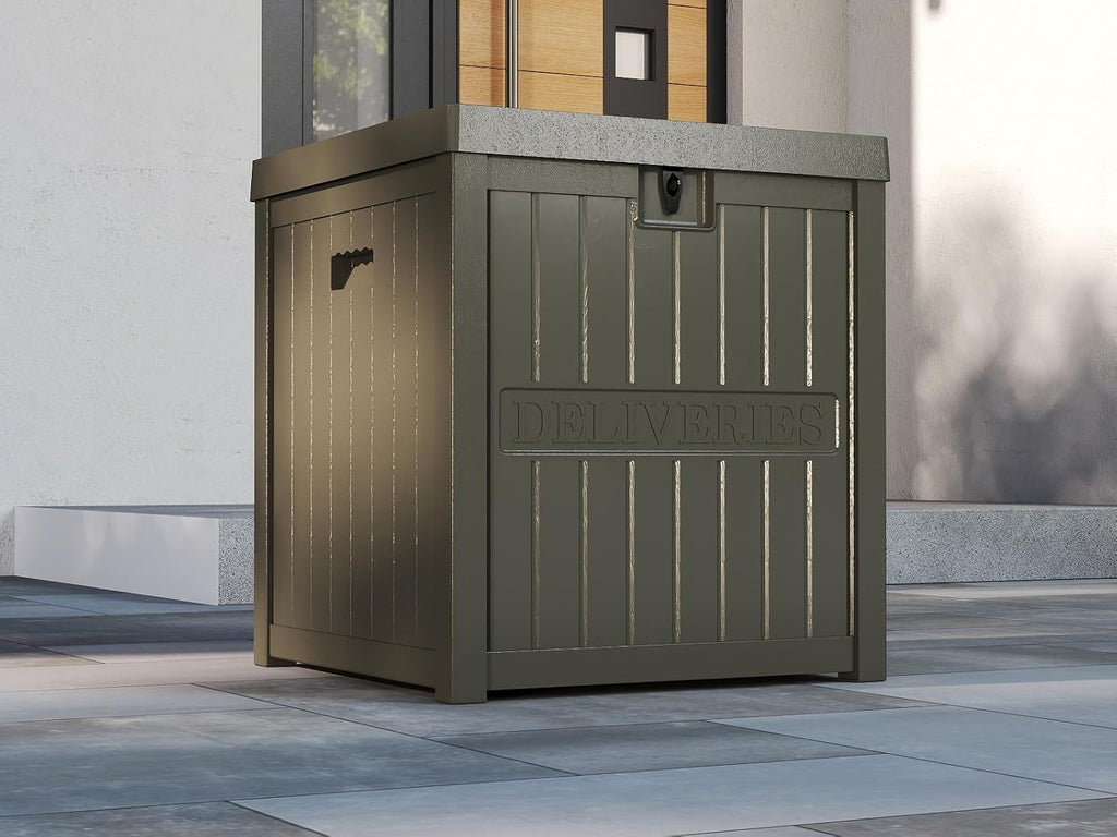 51 Gallon Resin Package Delivery Box for Outside, Lockable Secure Bin for Front Porch, Large Deck Boxes Outdoor Waterproof, Driver Snack Box, Olive