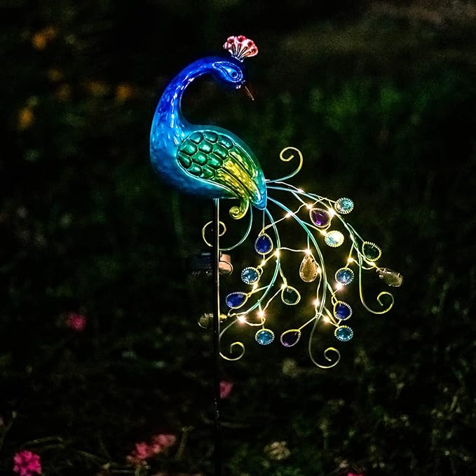DREAMSOUL Metal Peacock Garden Solar Lights Outdoor Decorative Garden Stake Lights- Waterproof Peacock Solar Landscape LED Path Light Patio Yard Lawn Outside Decoration