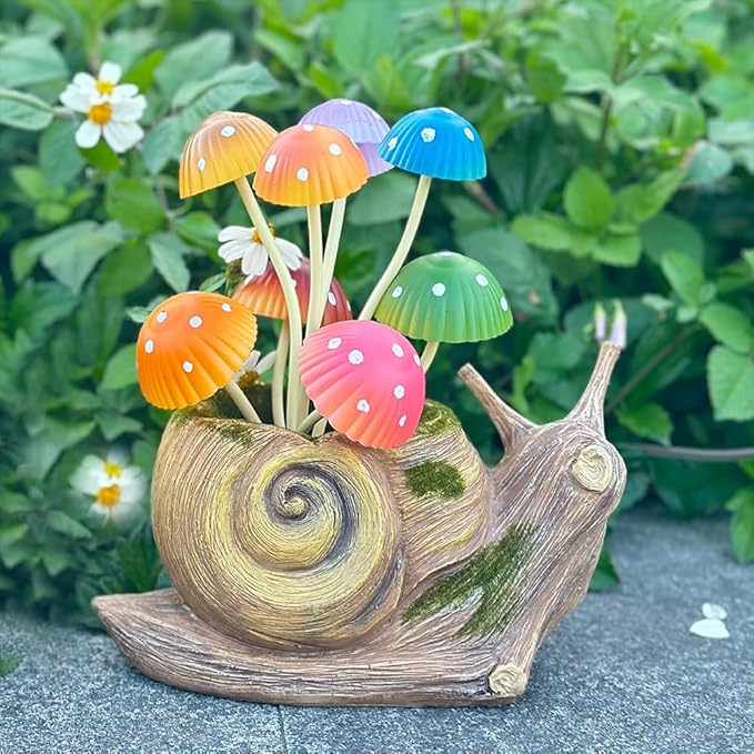 1 Pack Solar Garden Mushroom Snail Statue Gift, Solar Outdoor Sculpture Outdoor Patio Art, Porch Deck Balcony Front Garden Decoration, Unique House Warming Gift
