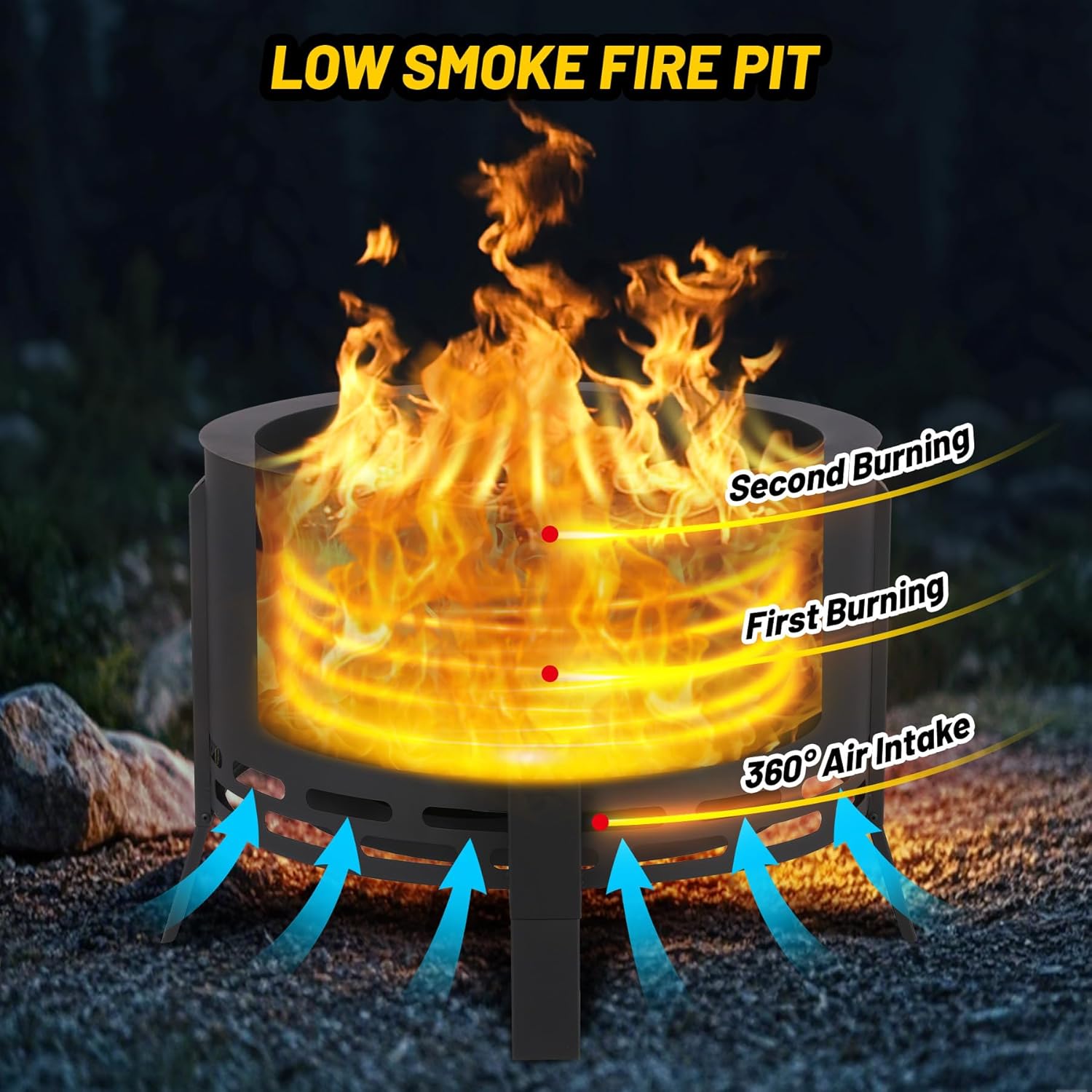 26" Smokeless Fire Pit with Ash Tray Base,Smokeless Outdoor Firepits with Adjustable Foot&Fire Poker,Firepit with Dust Bag,Outdoor Fire Pits for BBQ,Bonfire,Camping