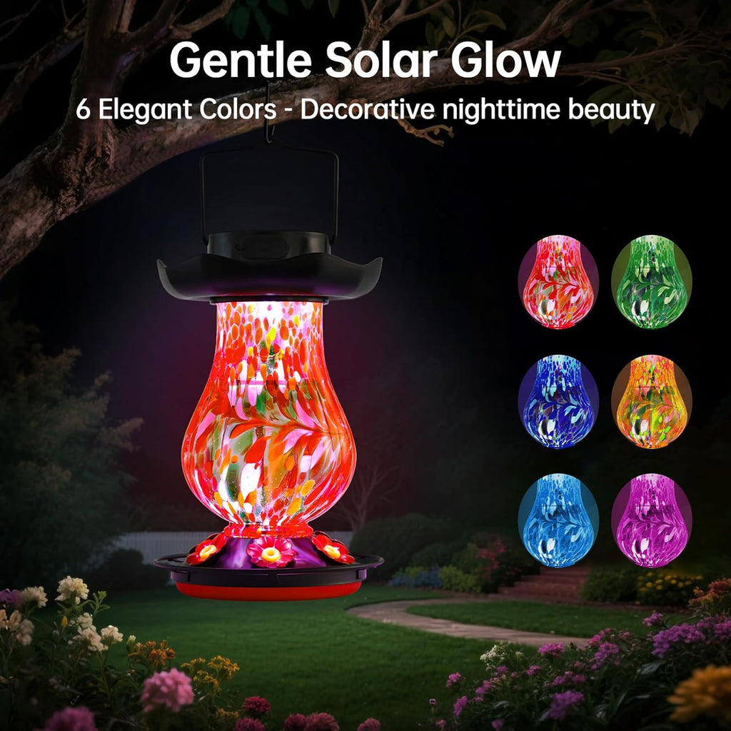Solar Hummingbird Feeder for Outdoor - 25 fl.oz Hand Blown Glass Hummingbird Feeders for Outdoors Hanging, Large Capacity with Moat, 6 Colors Changing Light Outside Garden Decor (Red)