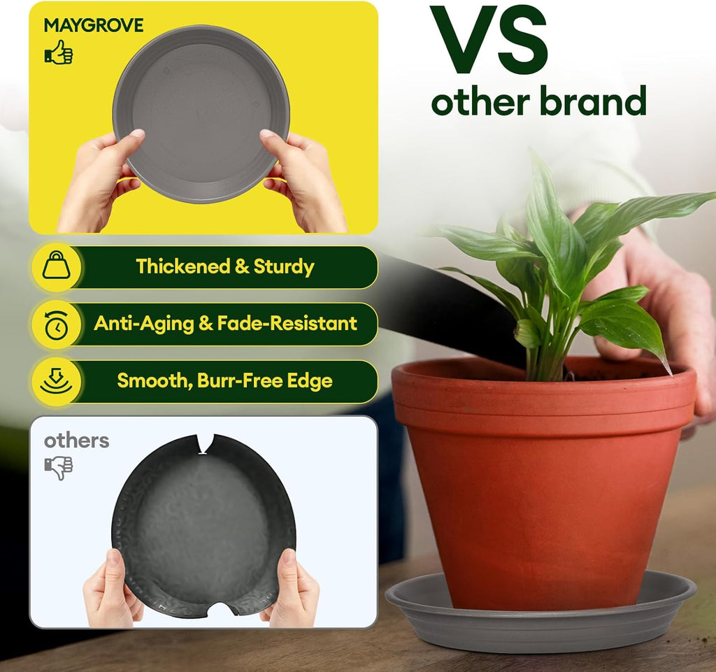 6 Pack Plant Saucer, 8 10 12 inch Plant Saucers for Indoor, Heavy Duty Plastic Plant Trays for pots, Grow Bags, Bird Baths, Flower Drip Trays for Indoor and Outdoor Uses (10", Gray)