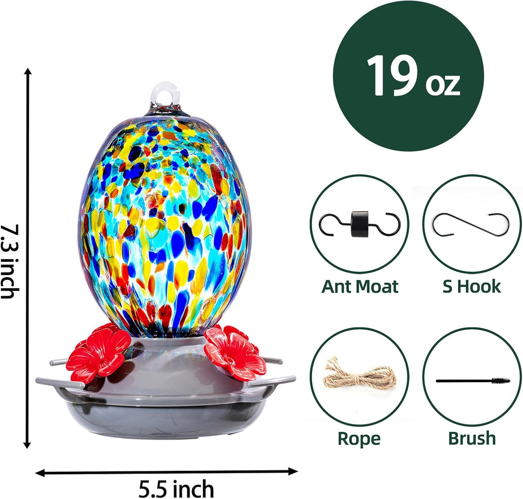 Muse Garden Hand Blown Glass Hummingbird Feeder - 19OZ Plastic Base Humming Bird Feeders for Outdoors Hanging, Garden Decor Gifts for Bird Lovers, Blue Polka Dots