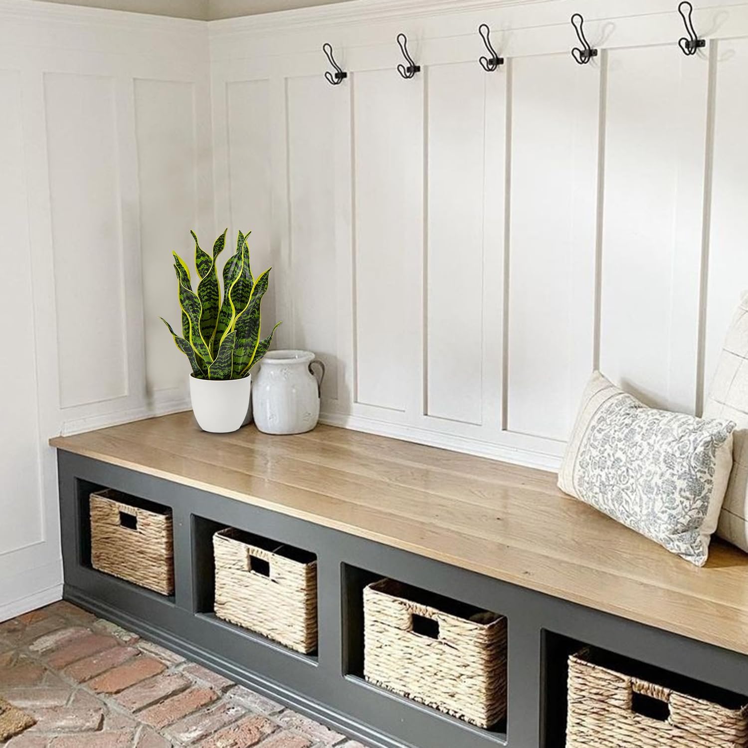 Hollyone Artificial Snake Plant Potted Faux Sansevieria Trifasciata Plants, 16.5" Tropical Fake Snake Plants in White Pots for Home Office Room Indoor Decor Housewarming Gifts