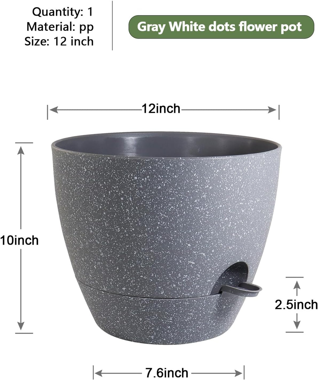 12 inch Large Self Watering Pots, Planter, Plant Pots with Mesh Drainage Holes for Indoor Outdoor House Plants and Garden, Plastic Flower Pots with Deep Reservoir, Speckled Grey
