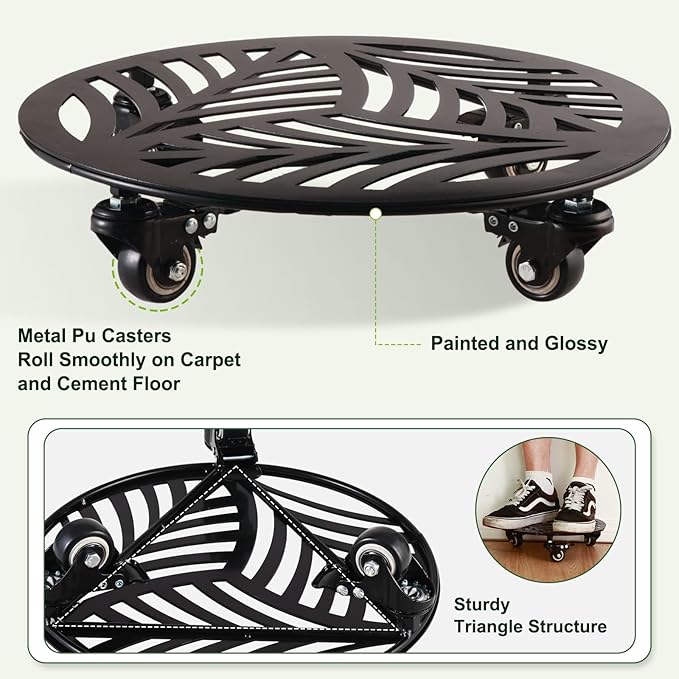 1 Pack Large Metal Plant Caddy with Wheels 13.6 Inches Heavy-duty Wrought Iron Rolling Plant Stand with Casters Indoor Outdoor Plant Roller Base Planter Movers Plant Dolly Coaster Trolley Black