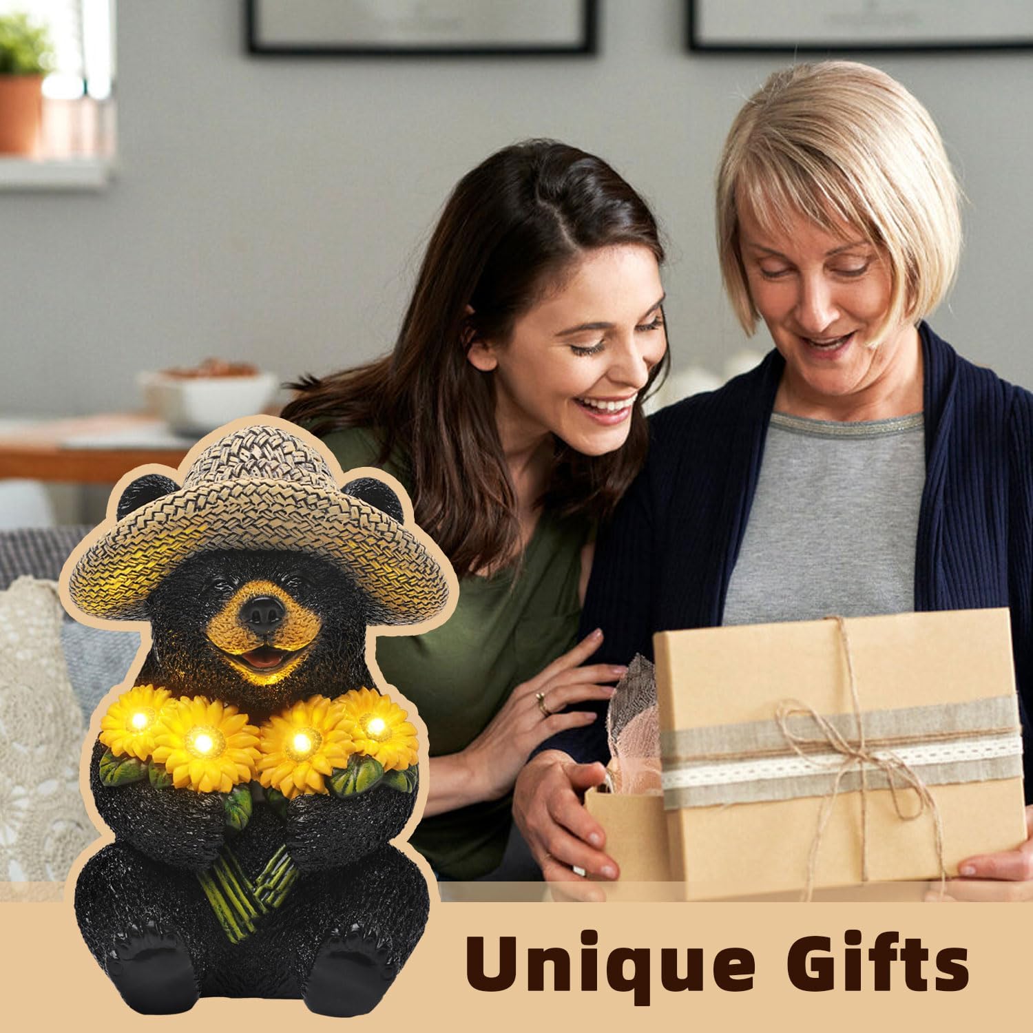 Solar Garden Decor Statues 7.5" Resin Black Bear Figurines with Sunflowers Featuring Straw Hat Waterproof Bear Decor for Outside Yard Patio Porch Decoration Gift for Mom Grandma