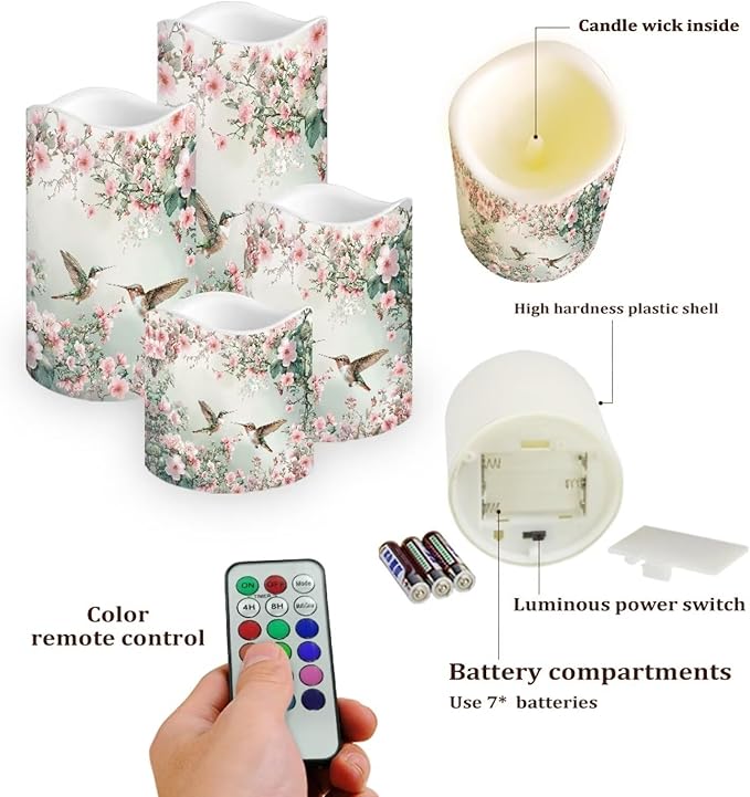 Ystardream Floral Hummingbird Flameless LED Candles Electric Candle Set with Remote Timer Color Changing Control Long Lasting for Table Centerpiece Home Indoor Decoration Pack of 4 Set