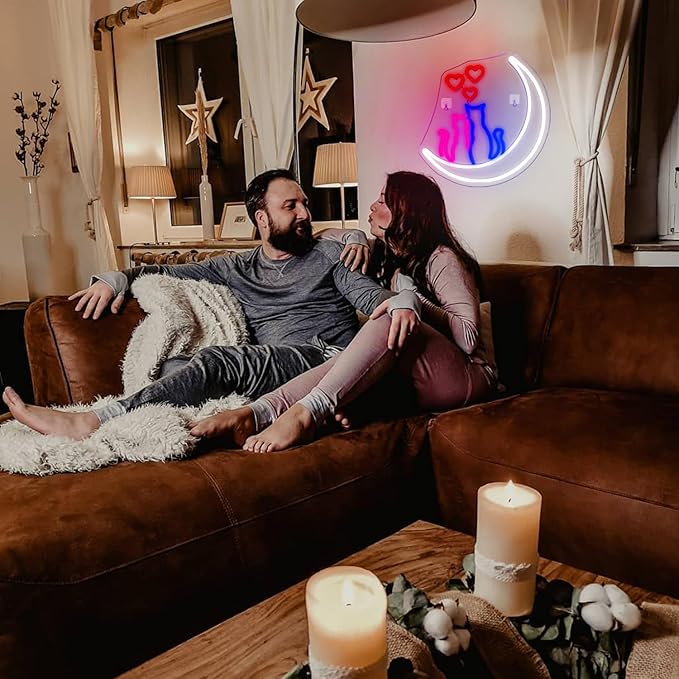 Two Cats on Moon Neon Sign,Cute Couple Kittys Neon Lights for Wall Decor,Kawaii Animal 3D LED Neon,USB Light Up Signs for Girls Bedroom Bar Home Party Valentine's Day Cat Lovers Weddings