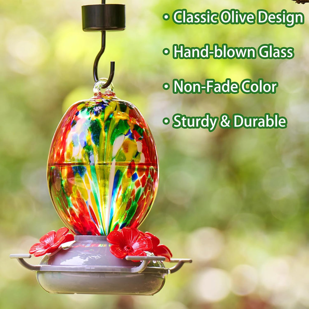 Muse Garden Hand Blown Glass Hummingbird Feeder - 19OZ Plastic Base Humming Bird Feeders for Outdoors Hanging, Garden Decor Gifts for Bird Lovers, Red Phoenix