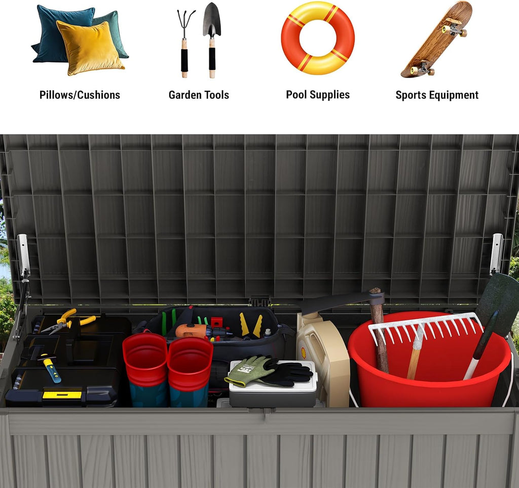 Mars Villa 180 Gallon Outdoor Storage Box, Large Resin Deck Box Waterproof, Storage Bin for Outside Patio Furniture Cushions, Pool Supplies, with Hydraulic Hinge, UV Resistant and Weatherproof, Greige