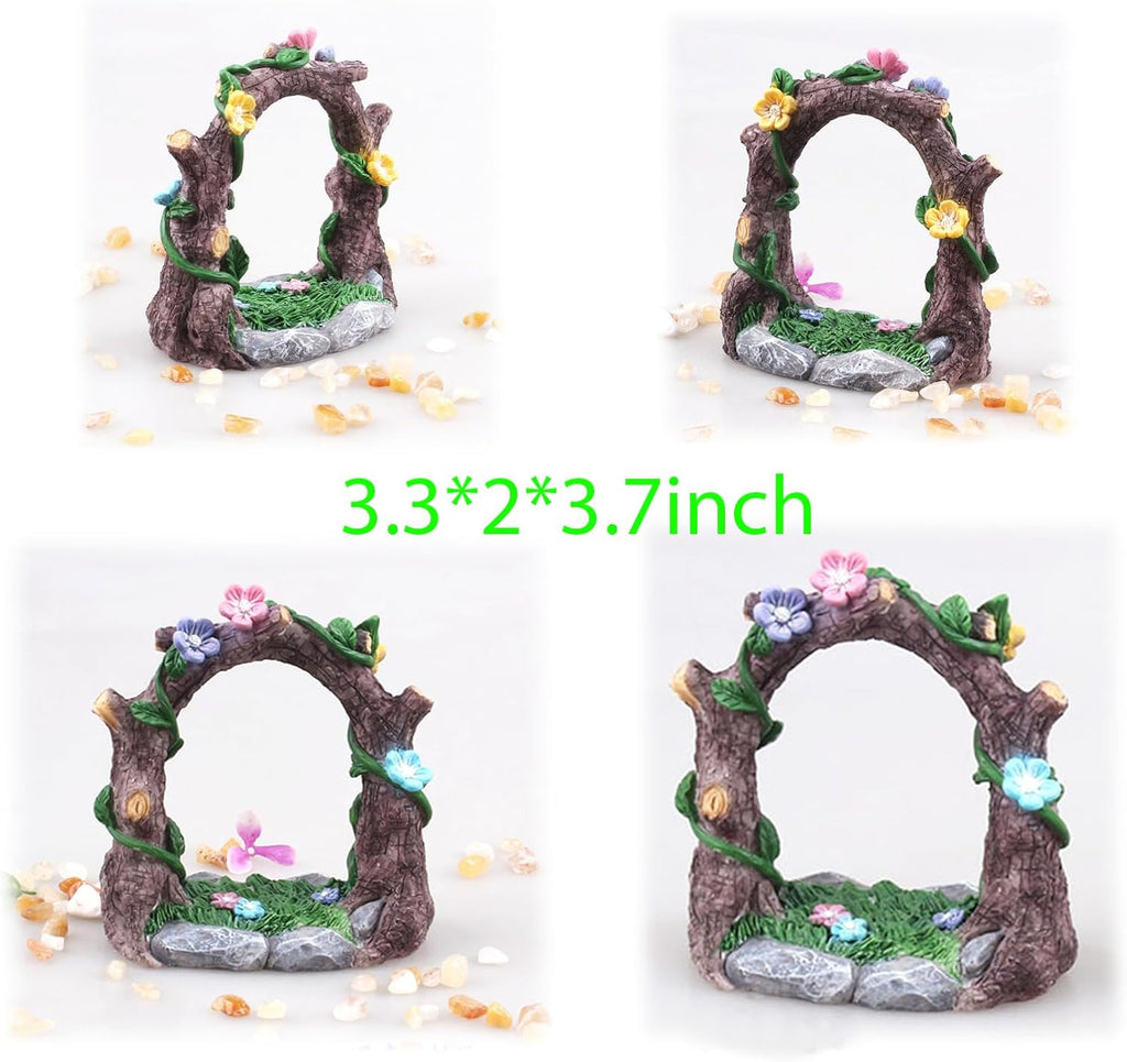 Kai Dream Miniature Fairy Garden Accessories Set, 4 Piece Resin Decorative Landscape Kit with Arch, Bridge, Bed and Slide, Floral Garden Ornaments