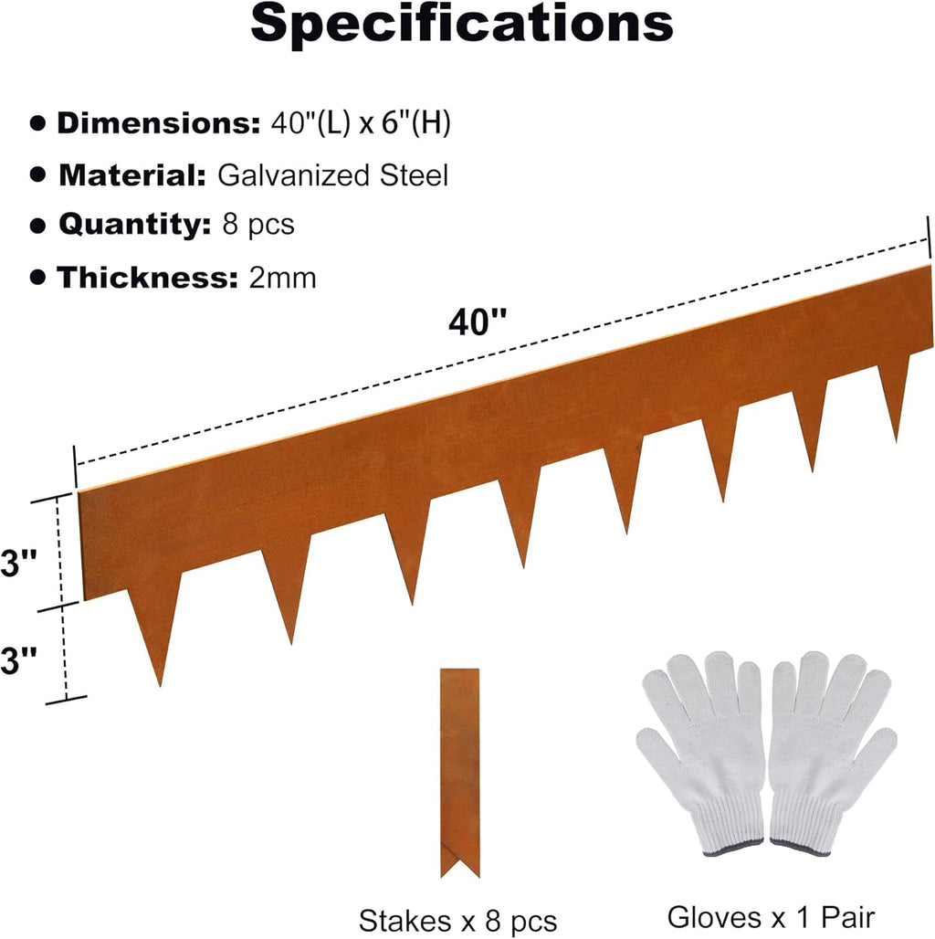 Solution4Patio 8-Pack Corten Steel Garden Landscape Edging with 9X Clips, 6" H Hammer-in Heavy Duty Bendable Metal Pre-Rusted Border Edging Strips for Lawn, Yard (26ft Total)