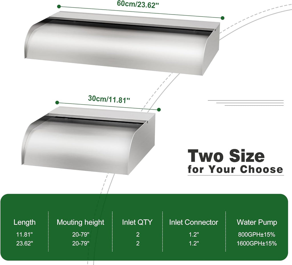 Pool Fountain Waterfall Spillway with Wider Water Flow Platform, Stainless Steel Waterfall with Pipe Connector Kits, Water Feature Spillway for Garden Decor, Patio, Ponds, 23."x11.8"x3.9"