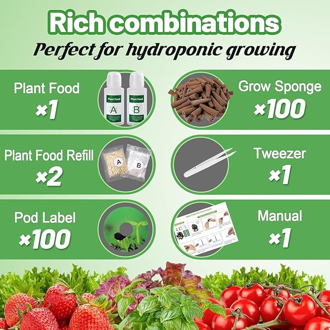 100pcs Hydroponic Grow Sponges for Aerogarden - Seed Sprout Pods Kit with Plant Food, Compatible with Most Indoor Hydroponics Plants Growing System