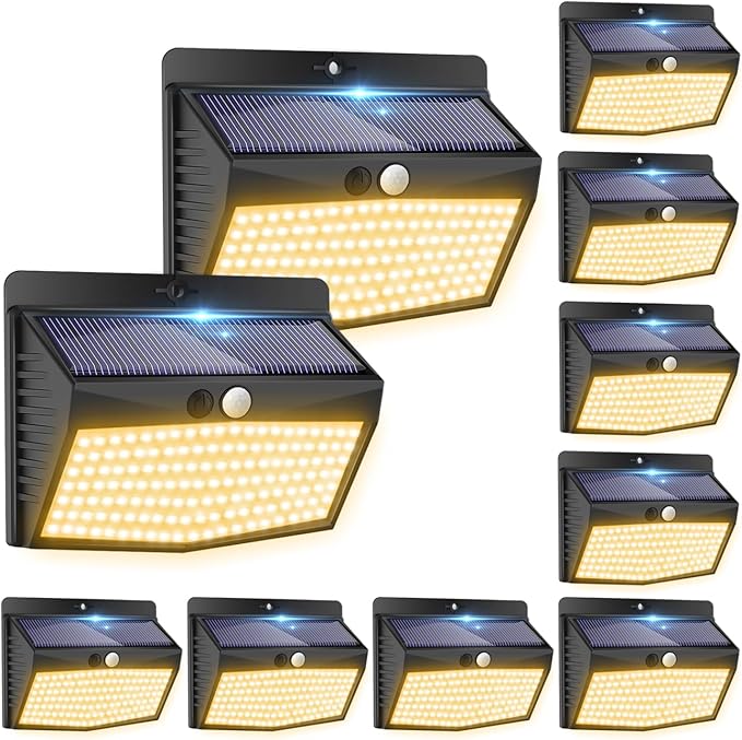 Solar Motion Sensor Outdoor Lights [138 LED/10 Packs] Solar Security Lights Outdoor with 3 Lighting Modes Solar Powered Lights Waterproof for Outside Wall Garden Fence Backyard Deck（Warm White