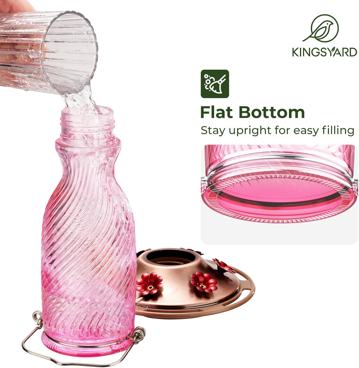 Kingsyard Glass Hummingbird Feeders for Outdoors, 24 oz Hummingbird Nectar Feeder for Outdoors Garden Yard D�cor, 6 Feeding Ports, Ant Moat Included, Easy to Clean & Refill, Pale Pink