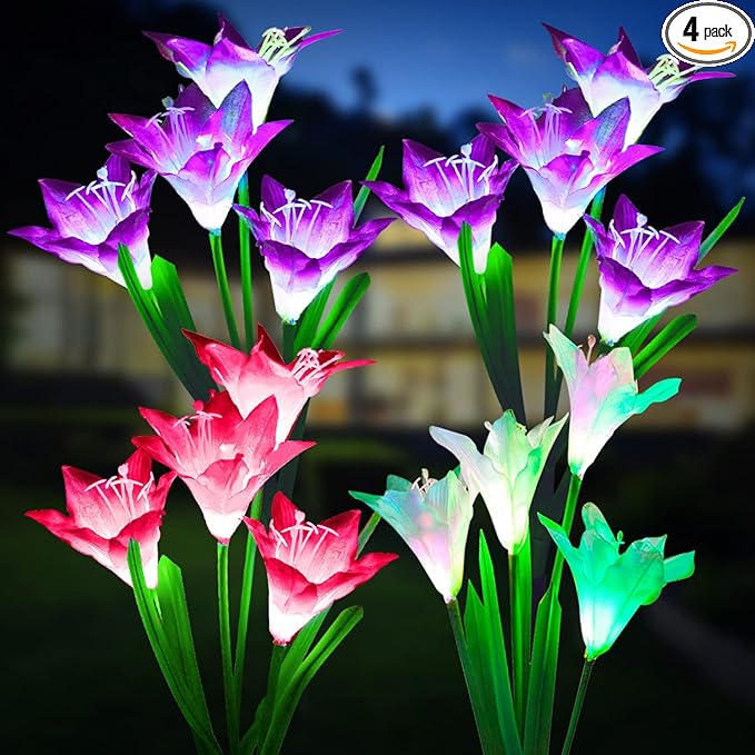 KOOPER Outdoor Solar Lights, 4 Pack Solar Garden Lights with Bigger Lily Flowers, Waterproof 7 Color Changing Solar Lights Outdoor - Bigger Solar Panel for Outdoor Patio Yard Garden Decoration