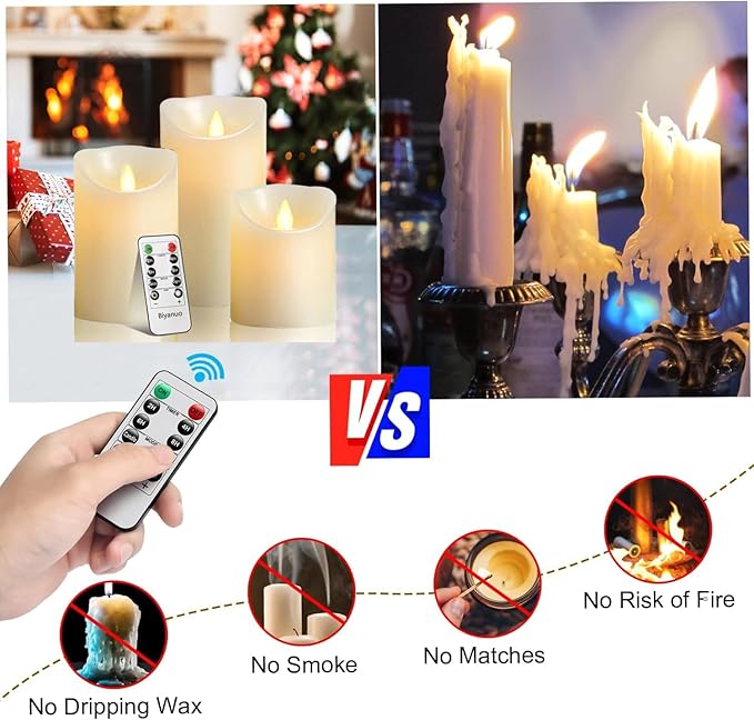 Tappovaly Flameless Flickering Battery Operated Candles 3pack Real Wax Pillar LED Candles with 10-Key Remote Control and 24 Hours Timer for Wedding, Party, Home Decoration (Ivory)