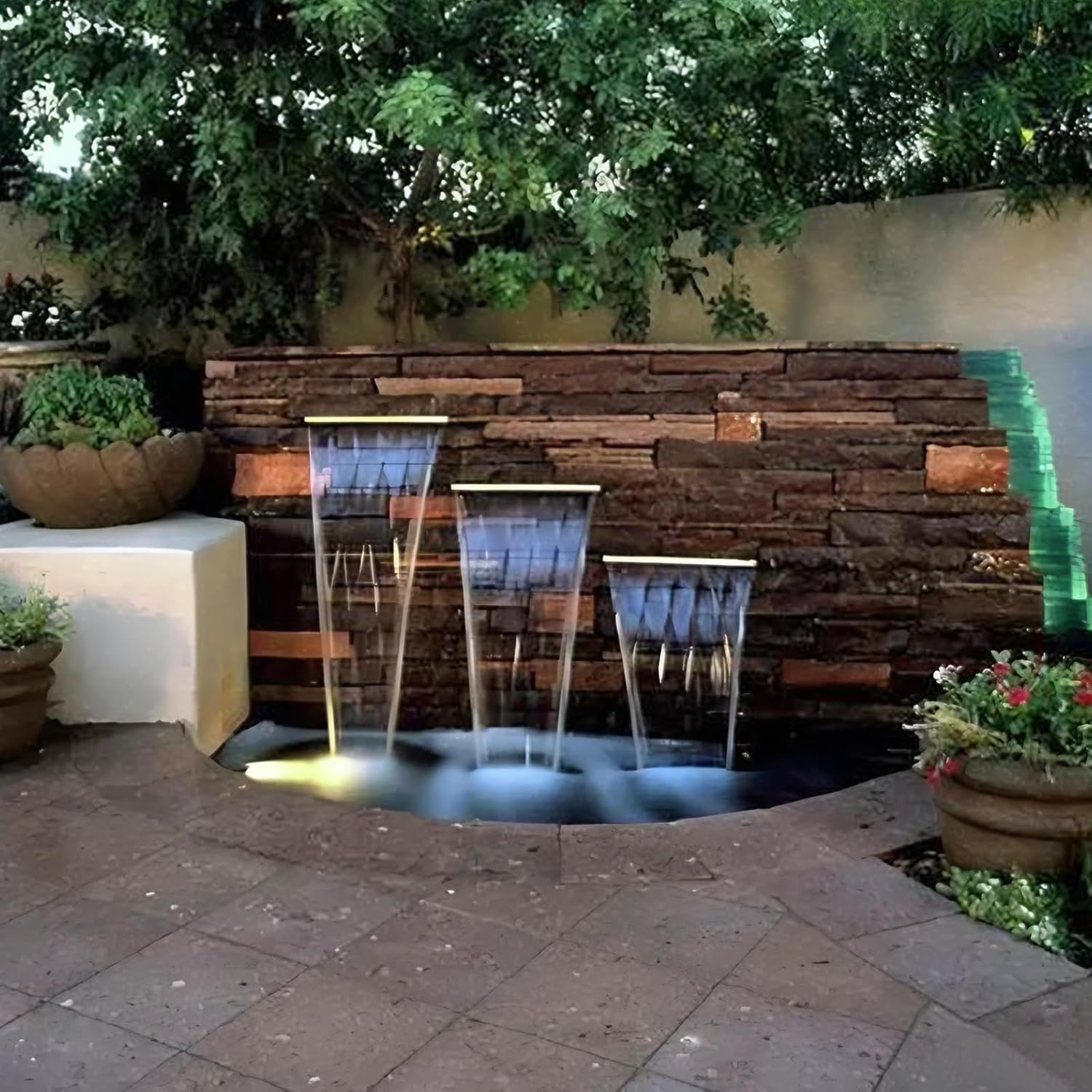 AquaMiracle All-in-1 Pond Waterfall Kit with LED Lights, 12" Stainless Steel Spillway with 660GPH Water Pump, Lighted Waterfall Fountain Outdoor for Water Garden, Backyard, Pool