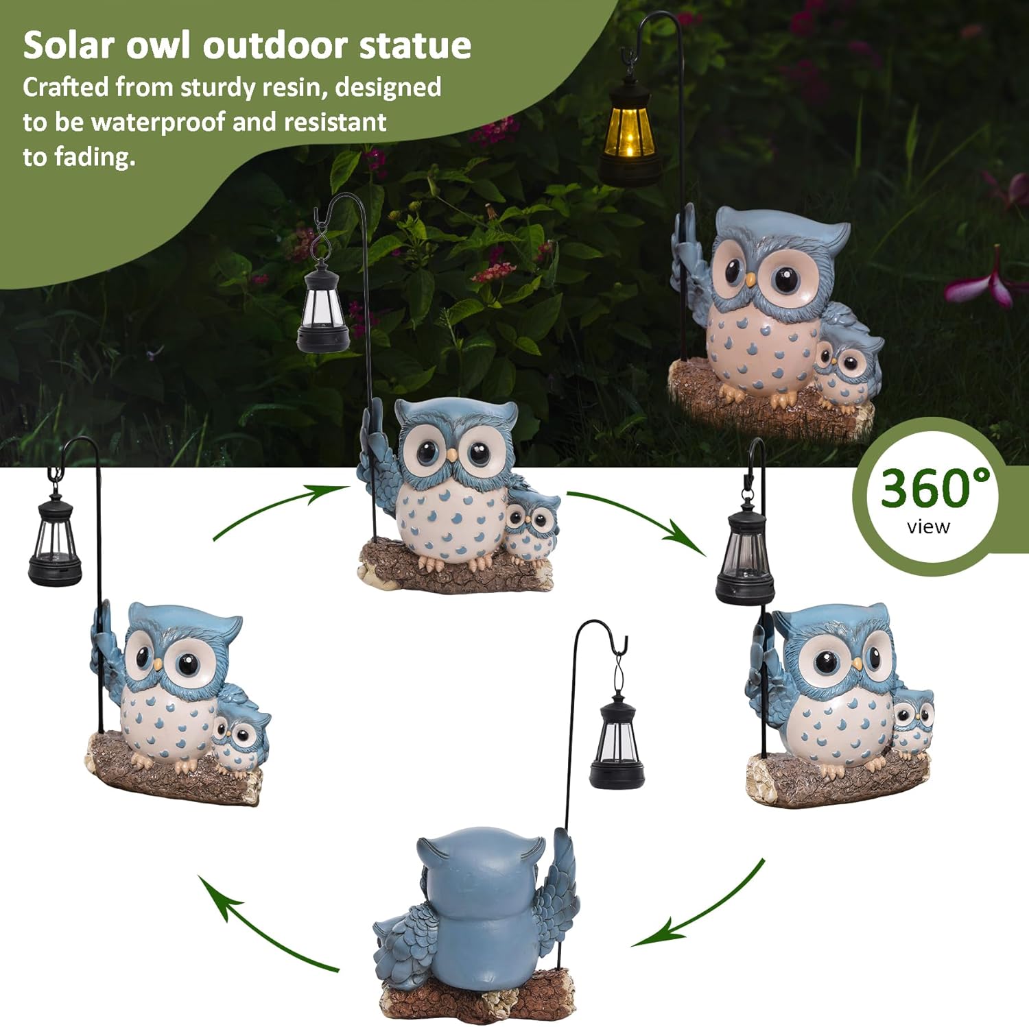 Garden Statues Owl with Solar LED Lantern, Resin Solar Garden Decor for Outside, Yard Decorations Outdoor for Patio, Porch, Balcony, Lawn Ornaments, House Warming Birthday Gifts for Mom Women Grandma
