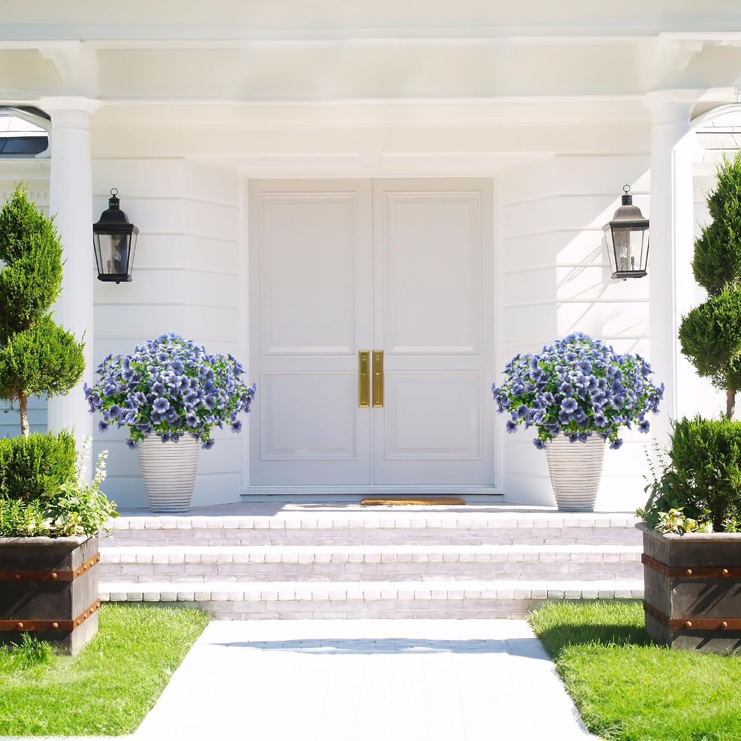 Artificial Fake Flowers for Outdoor Spring Decoration, 16 Bundles Faux Silk Colorful Daisy UV Resistant Realistic for Outside Porch Patio Home Yard Garden Planters Pots Window Box (Blue)