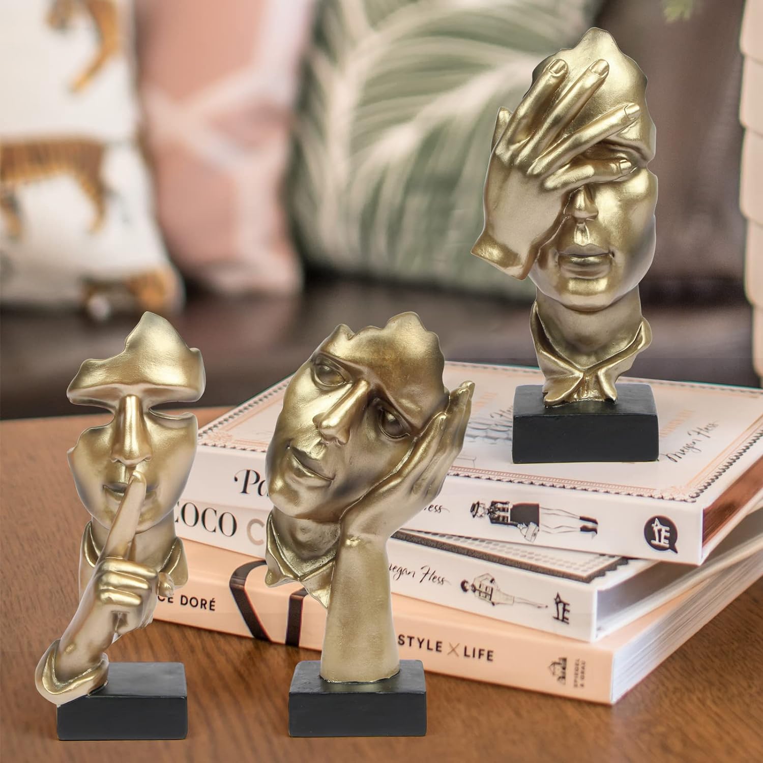 3 Pcs Thinker Statue, Silence is Gold Abstract Art Figurine, No Hear No See No Speak Modern Home Resin Sculptures Decorative Objects Decor for Home Office Bookshelf Desktop(Gold), A-41