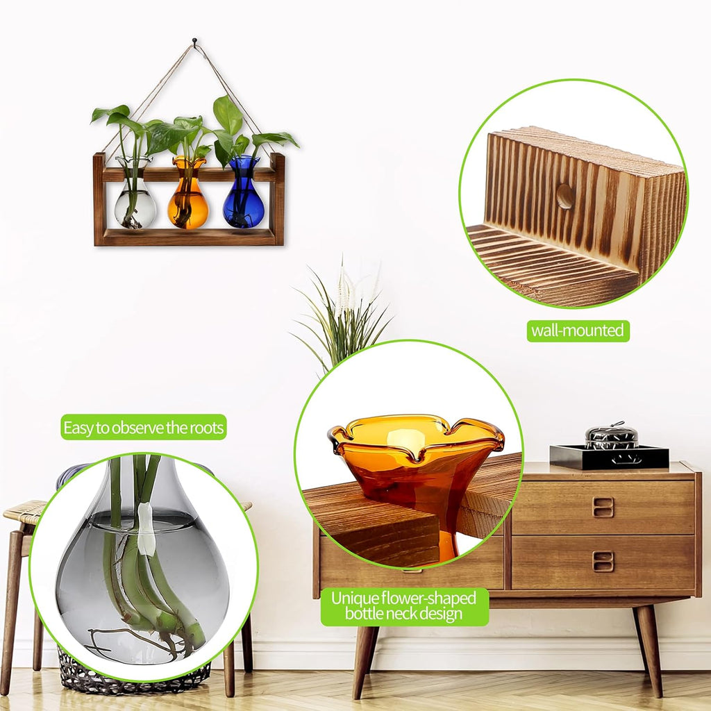 Plant Propagation Station Plant Terrarium Unique Birthday Gifts for Women Home Office Decor Planter with Wooden Stand - 3 Bulb Glass Vase