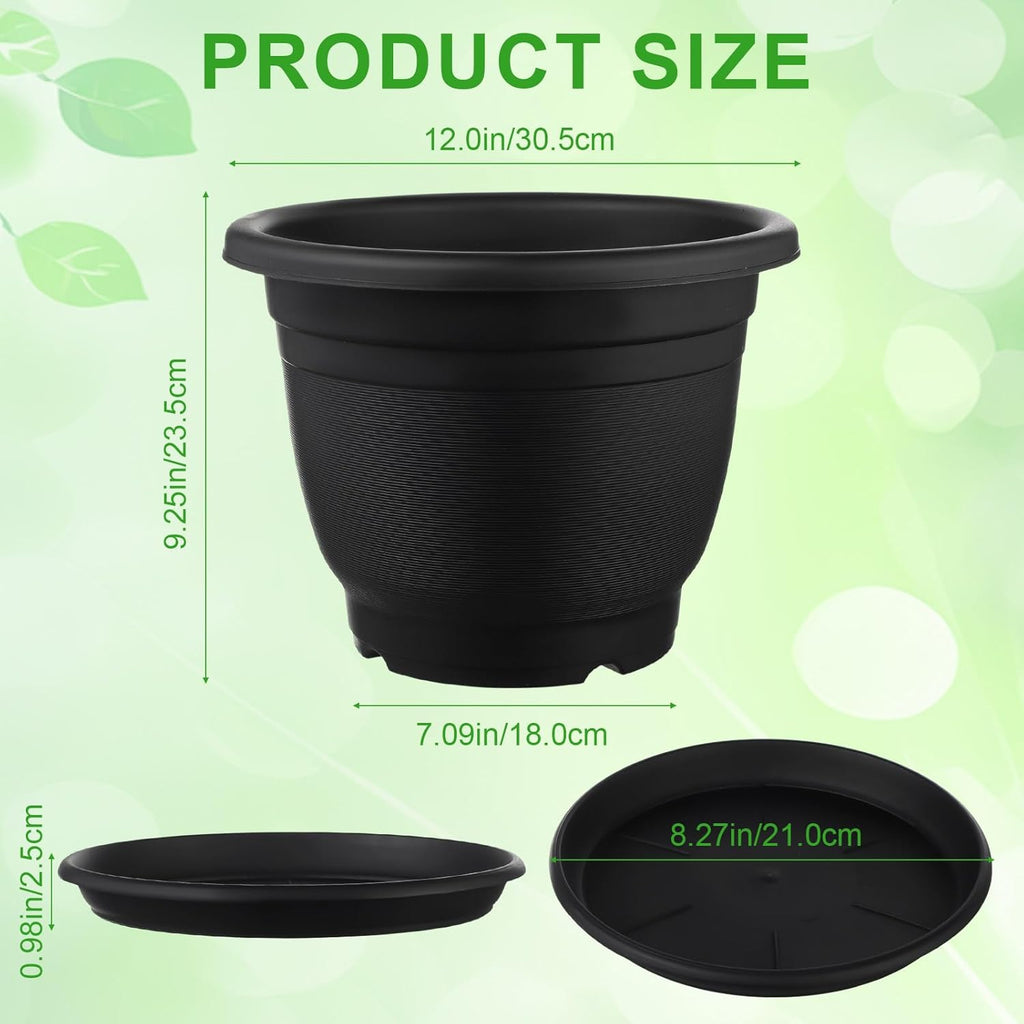 12 Pack Plastic Plant Pots Round Planter Pots with Saucer Tray Seedling Pot Hole Seed Resin Plant Pot Starting Nursery Flower Container with Pallet for Garden Outdoor Indoor (Black,12'')