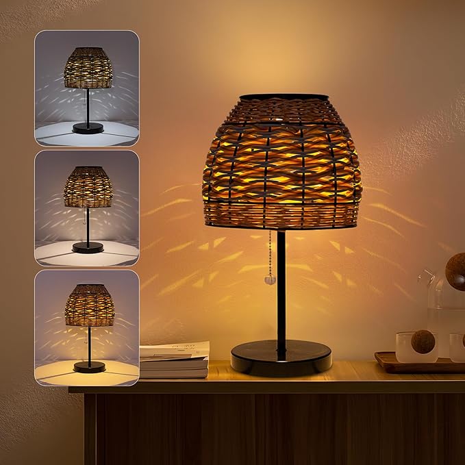 Outdoor Solar Table Lamp,3 Color Temperatures Bedside Lamps with USB-C Ports,Boho Desk Lamps Pull Chain Table Lamps with Black Metal Base for Garden,Yard,Patio,Lawn Outdoor Decor