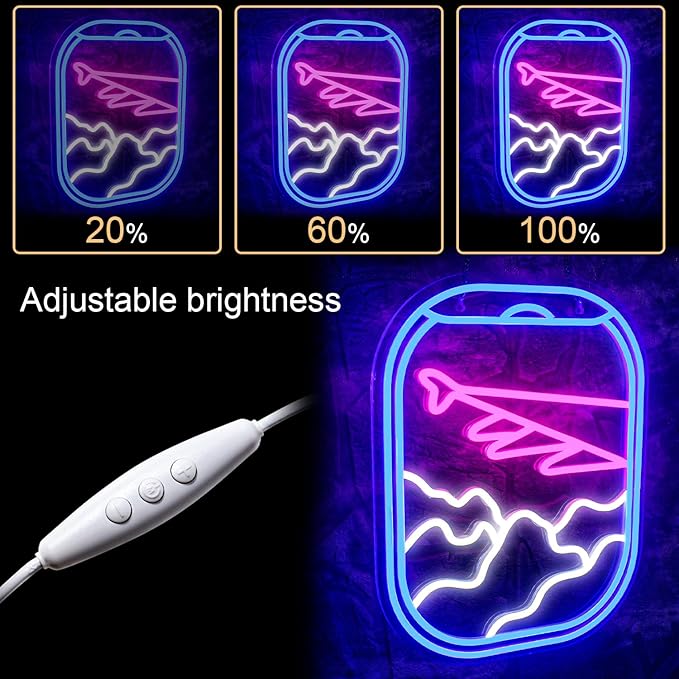 WLHOPE Airplane Window View Neon Signs Blue Pink LED Neon Sign for Wall Decor, USB Plane Window Clouds Neon Light Up Signs for Bedroom Living Room Game Room Office Shop Airport Wall Art Decor