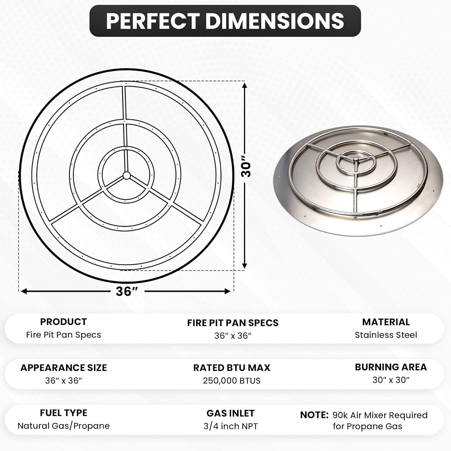 Stainless Steel Fire Pit Burner Pan & Ring, Works with Liquid Propane or Natural Gas, 36-Inch Pan, 30-Inch High Capacity Ring, 250,000 BTU Max