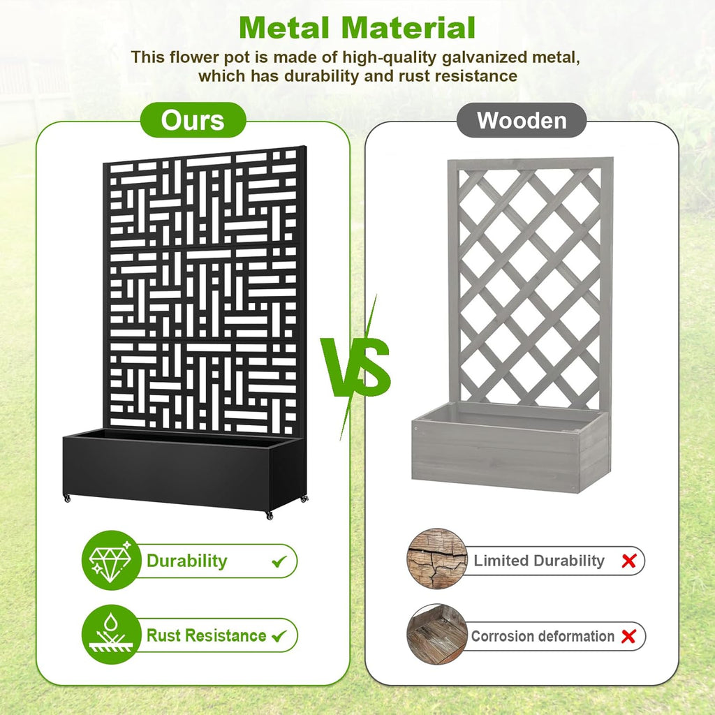 Metal Planter Box with Trellis, 72"x47"x16" Metal Raised Garden Bed with Trellis, Trellis Planter Box with Drainage Holes & Lockable Casters for Climbing Plants, Vegetables, and Vines