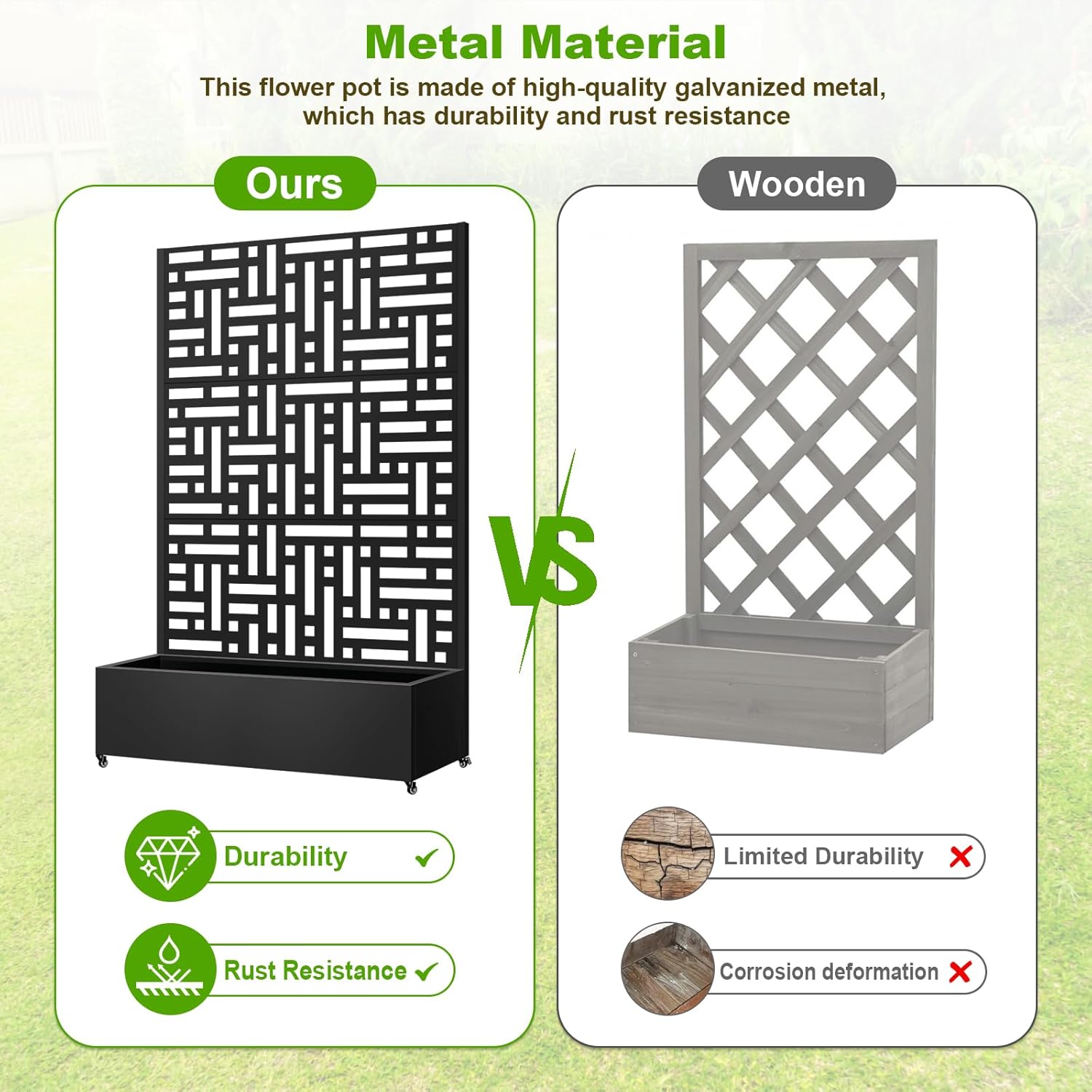 Metal Planter Box with Trellis, 72"x47"x16" Metal Raised Garden Bed with Trellis, Trellis Planter Box with Drainage Holes & Lockable Casters for Climbing Plants, Vegetables, and Vines