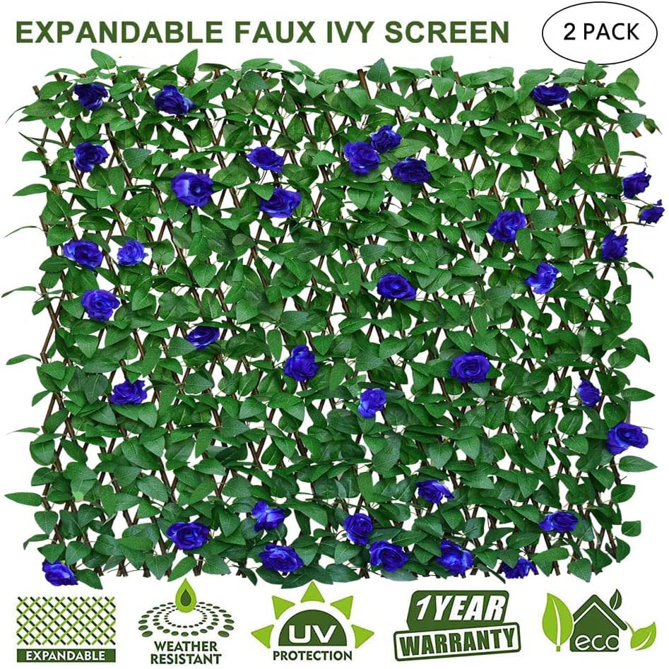 Expandable Fence Privacy Screen for Balcony Patio Outdoor,Decorative Faux Ivy Fencing Panel,Artificial Hedges (Single Sided Leaves) (2, Blue Flowers)