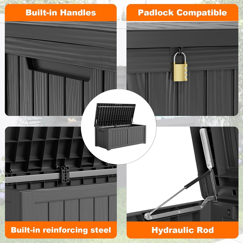 DRATO 120 Gallon Large Deck Box, Outdoor Storage Box for Patio Furniture, Patio Cushions, Gardening Tools, Pool Supplies,660lbs Weight Capacity,Waterproof Resin Storage Boxes