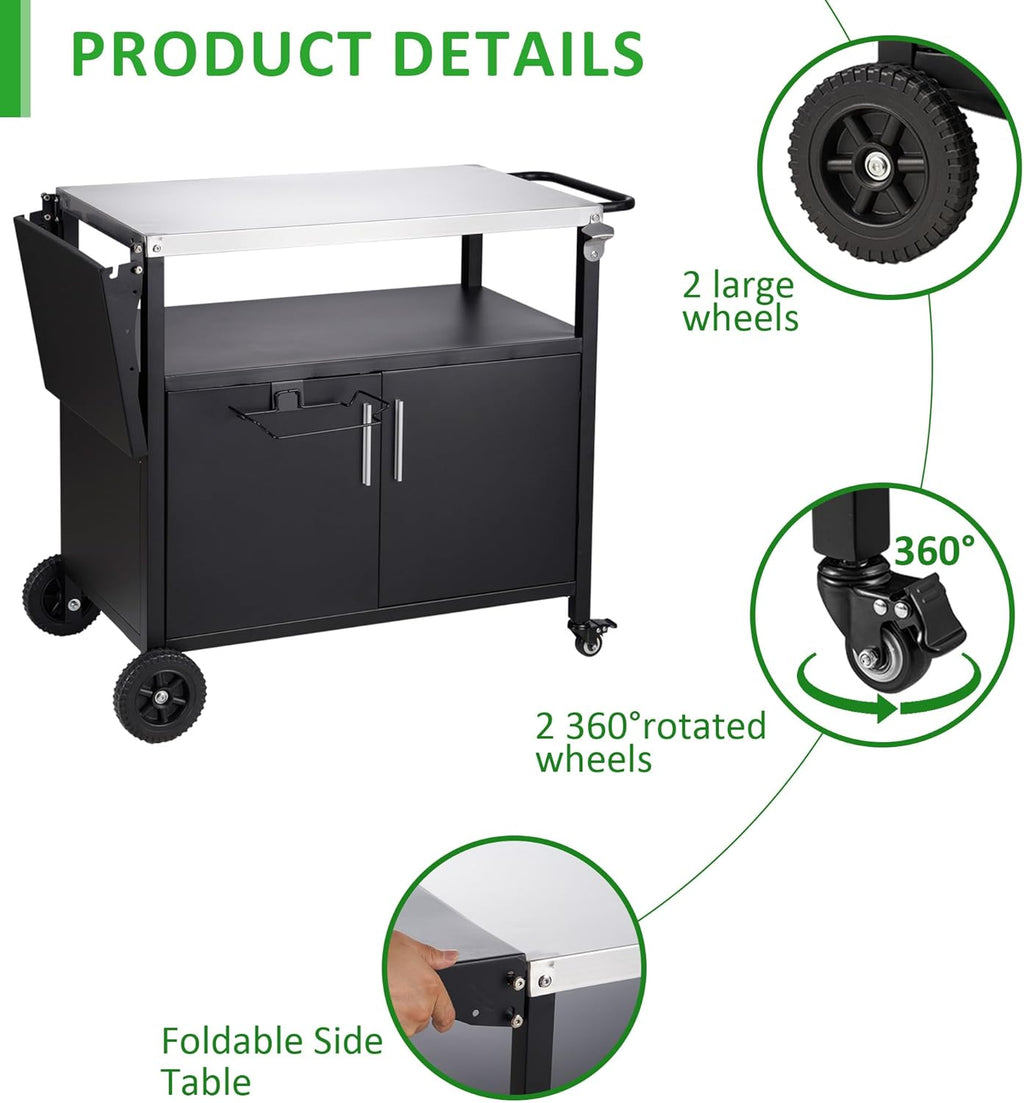 Outdoor Grill Cart with Storage Movable Grill Cart Outdoor Kitchen Island Pizza Oven Table Food Prep Table with Wheels Storage Cabinet for Outside Patio Backyard Garden
