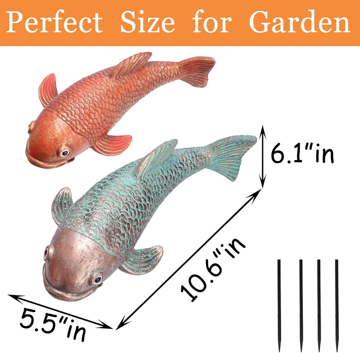 10.8" Resin Koi Pond Kit, 2Pcs Antique Koi Fish Garden Statues, Yard Pond Decor, Large Outdoor Statues Ornaments, Real Fish Sculpture Art, Garden for Outdoors