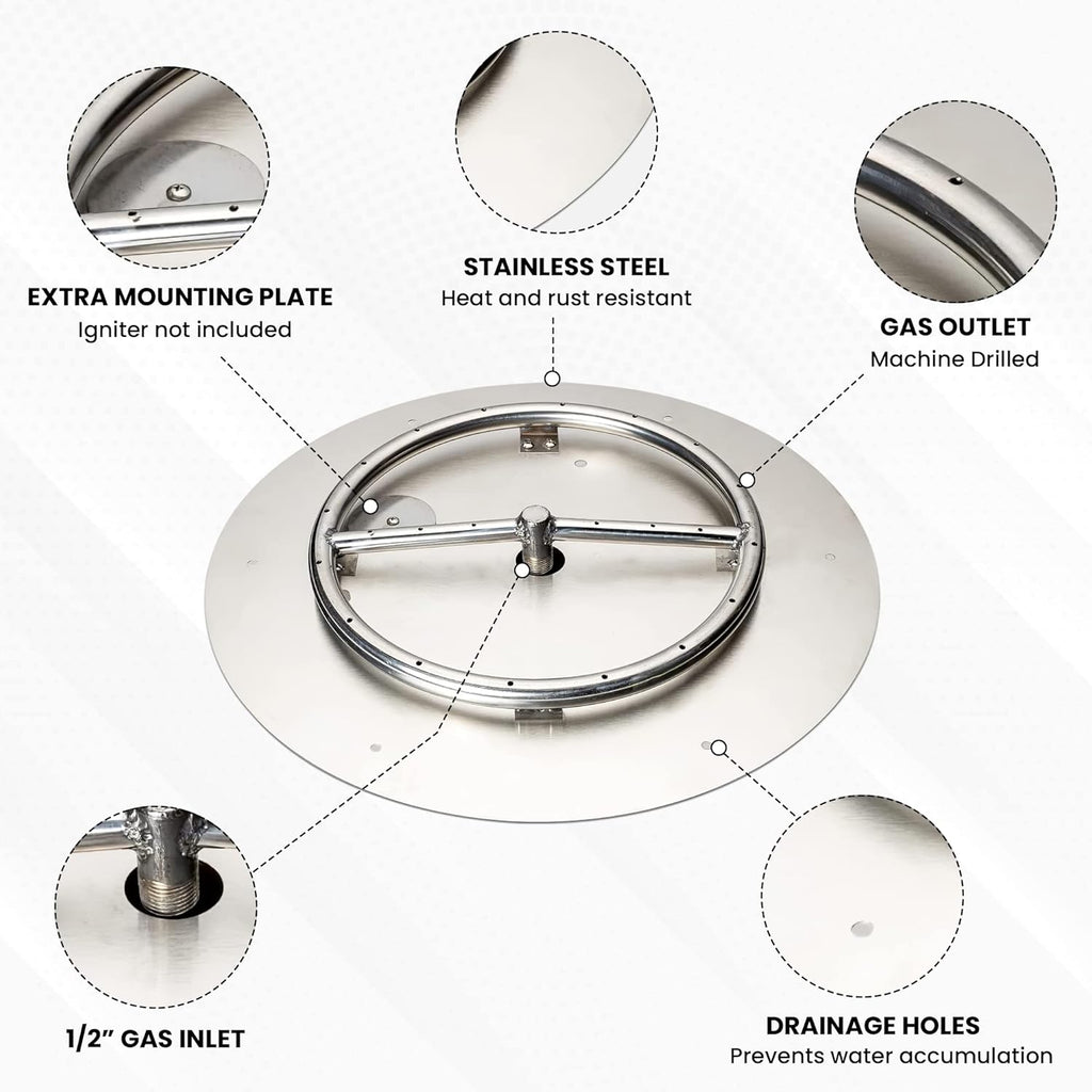 Stainless Steel Fire Pit Burner Pan & Ring, Works with Liquid Propane or Natural Gas, 18-Inch Pan, 12-Inch Ring, 90,000 BTU Max
