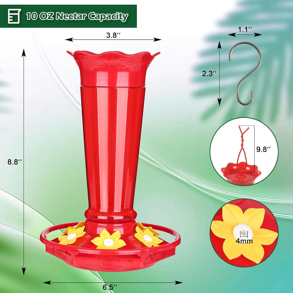 FEED GARDEN 10oz Plastic Hummingbird Feeders for Outdoors - 1 Pack Red, Ant & Bee Proof, 6 Feeding Ports, Easy Clean Red Nectar Feeders for Outside Hanging, Gifts for Mom