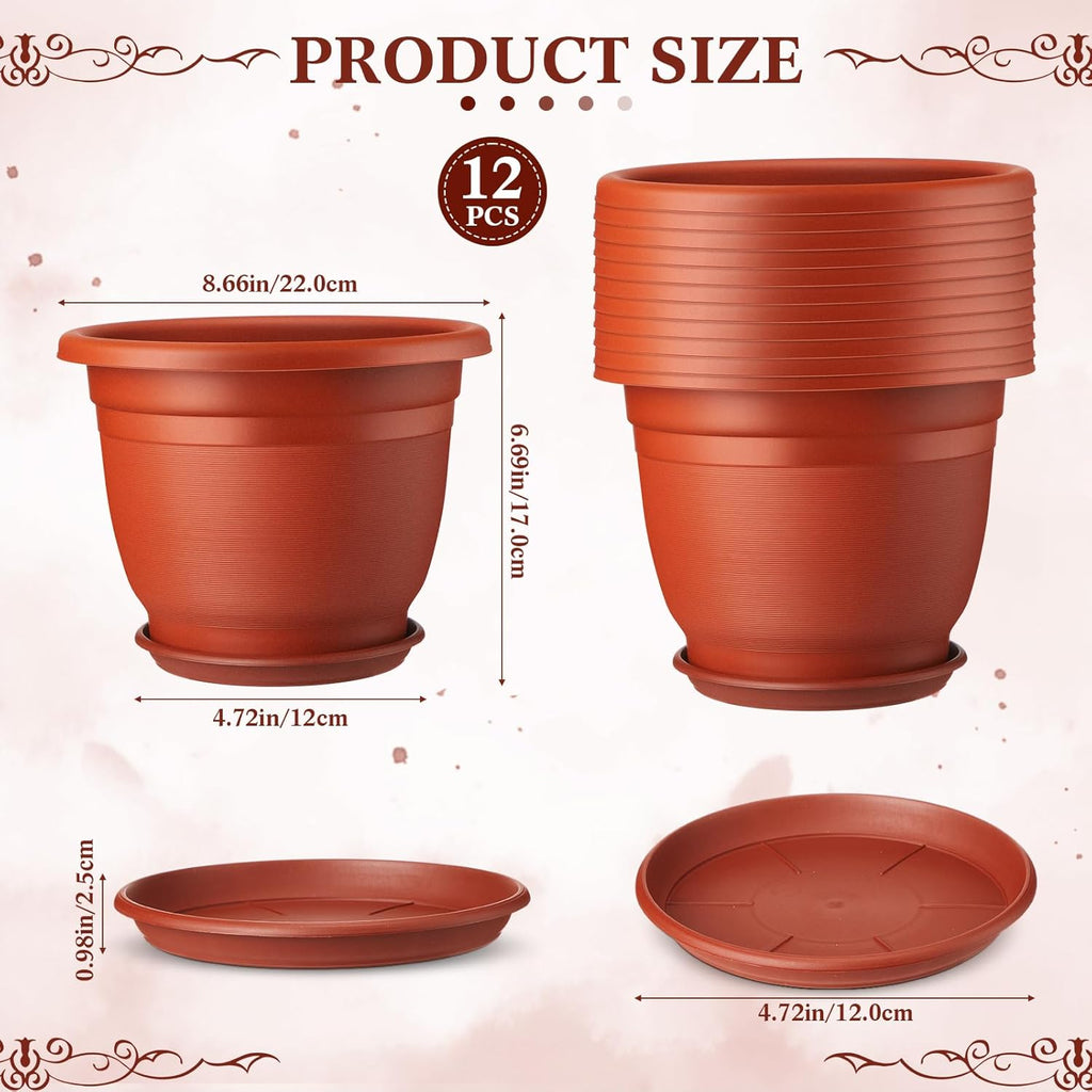 12 Pack 8+'' Plastic Plant Pots Round Planter Pots with Saucer Tray Seedling Pots with Holes Seed Resin Plant Pot Starting Nursery Flower Container with Pallet for Garden Outdoor Indoor